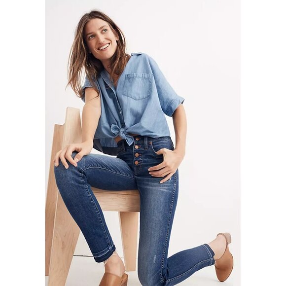 Madewell 10" High-Rise Skinny Jeans Raw Cut Hem Stretch Denim Mid Wash Blue 24 - Picture 2 of 12